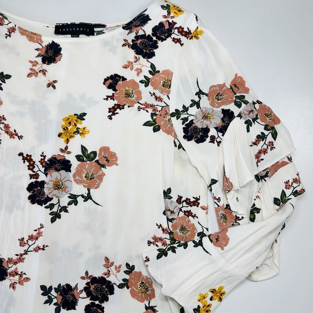 Sanctuary White Floral‎ Long Sleeve Blouse Ruffle Sleeves boho spring round neck